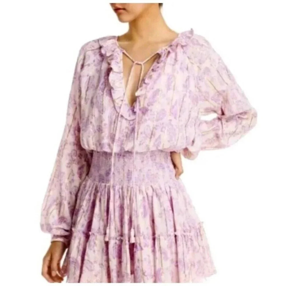 House of Harlow 1960 Paisley Pink Purple Smocked Boho Tiered Short Dress‎ Size M